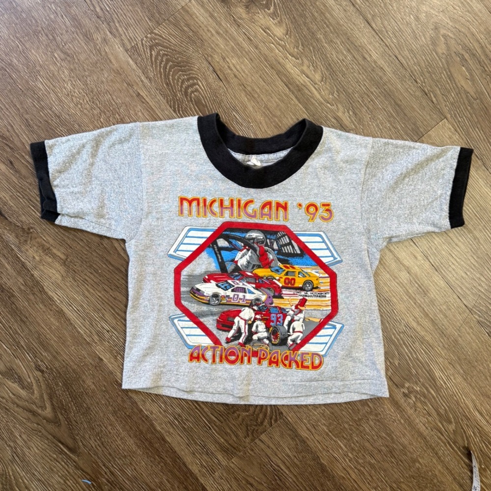 Vintage 1993 Michigan Action Packed Racing Ringer T-Shirt Kids Small Tropix Togs